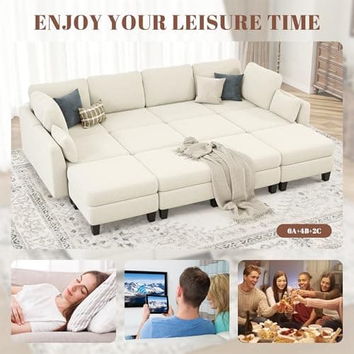 Beige 6 Seater Modular Sleeper Sofa, Comfortable Sectional Couch Bed