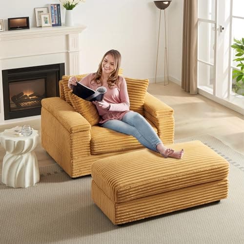Upholstered Yellow Chaise Lounge Chair with Ottoman, 43.3" Corduroy Sectional