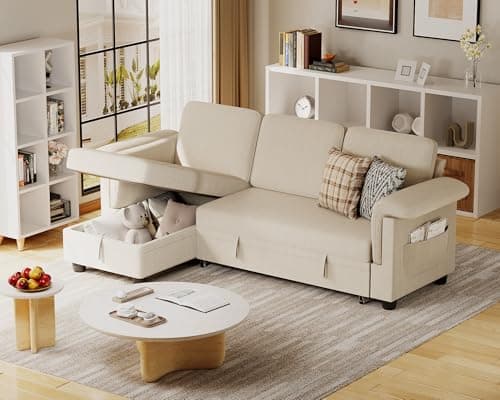 JUMMICO Grey Linen L-Shaped Sleeper Sofa with Storage