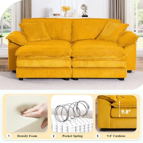 Modern Yellow Corduroy Chaise Longue with Movable Ottoman for Living Room