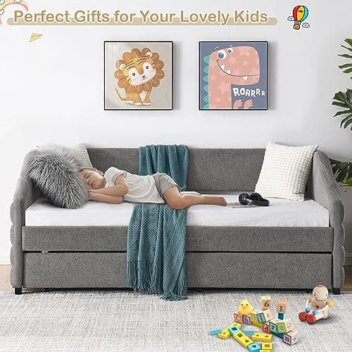 Modern Tufted Linen Daybed with Drawers - Grey Twin Size