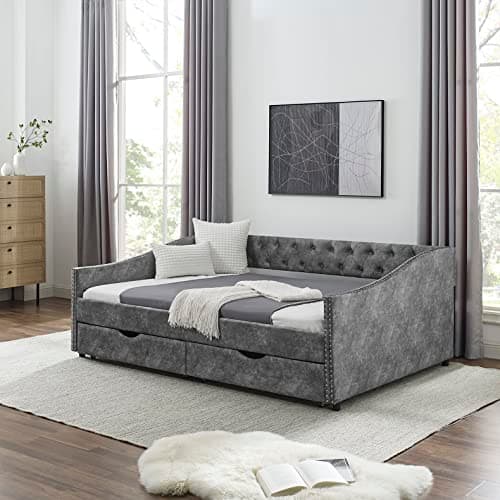 Beige Wood Twin Daybed with Storage & Button Design for Bedroom