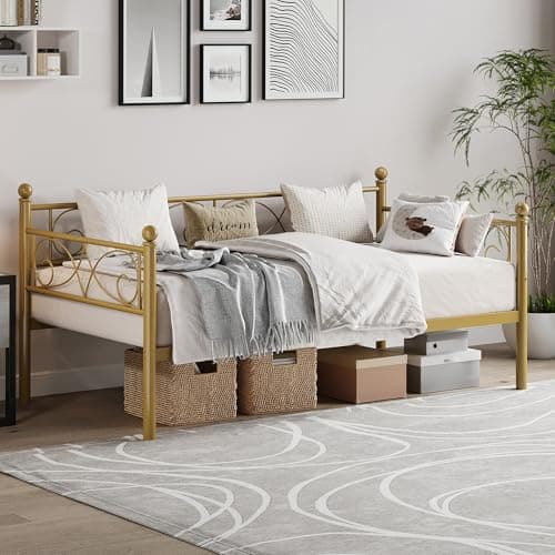 Modern Gold Metal Day Bed with Floral Headboard, Heavy Duty Steel Slats Supports