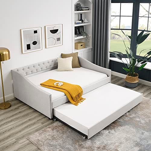 Full Size Upholstered Daybed with Trundle | Solid Wood Frame | Beige Tufted Button | Breathable Polyester Fabric | No Bo