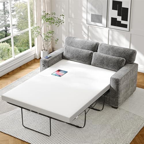 Marsail Full Size Pull Out Sofa Bed with Memory Foam, 2 USB, Grey Chenille Fabric