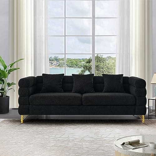 Modern Black Teddy Fabric Love Seat Sofa with Square Arms & Metal Legs for Living Room