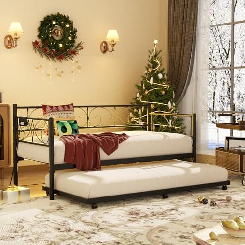 Unikito Black Metal Daybed with Charging & LED Lights, Twin w/ Pop-Up Trundle