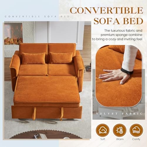 Antetek 3-in-1 Pull-Out Sofa Bed with Velvet Chaise Lounge, USB Charging, Orange