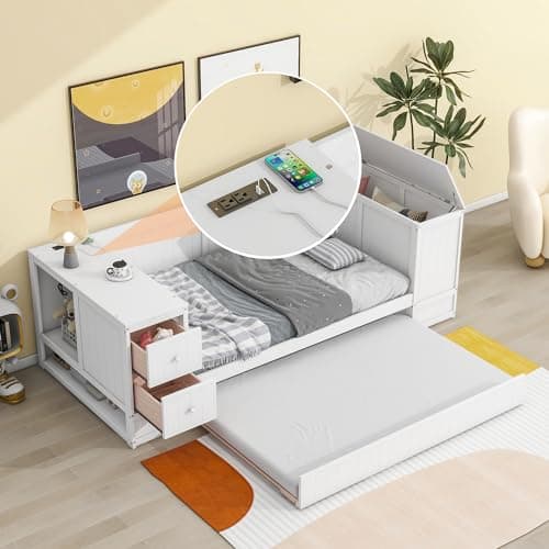 Harper & Bright Designs Gray Twin Daybed with Storage & Charging Station
