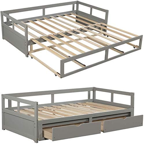 Meritline Extendable Daybed Frame, Twin to King, Gray Storage Drawers