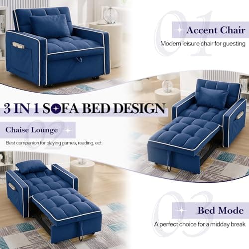 3-in-1 Convertible Velvet Sleeper Chair for Small Spaces, Apartment, and Office - Blue