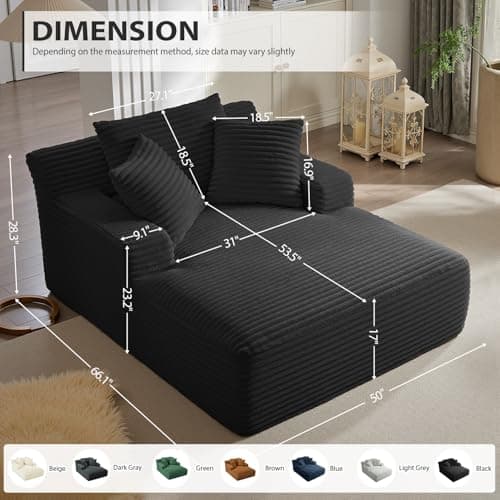 Black 50 Inches Chaise Lounge Indoor Oversized Chair with 3 Throw Pillows and Armrests for Living Room Apartment
| Corduroy Upholstered Black 50 Inches Chaise Lounge Chair with Armrests and Throw Pillows for Living Room Sleeper Chair
| Black 50 Inch