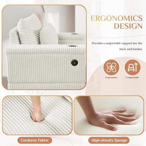 Oversized Corduroy Chaise Longue with Ottoman and USB Ports - Beige White Indoor Reclining Chair for Living Room.