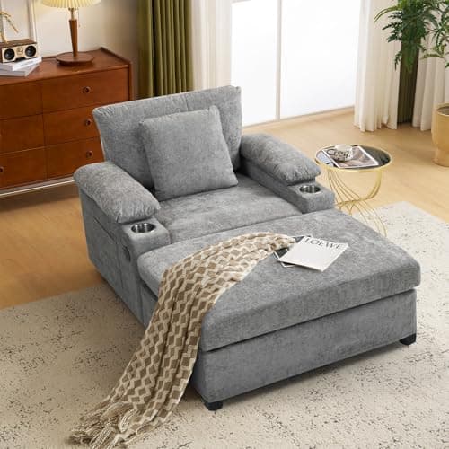 Antetek Beige Chaise Lounge Chair with Ottoman & Storage Armrest