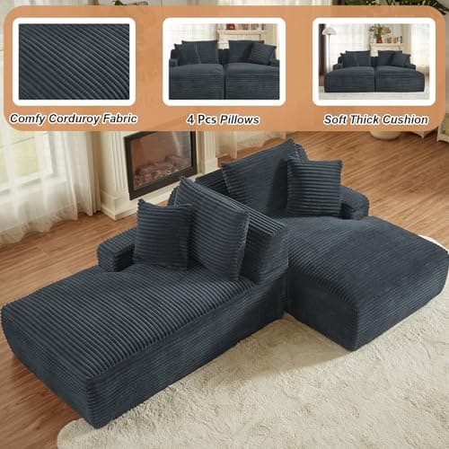 Oversized Dark Grey Corduroy Chaise Lounge Chair, Modern Recliner Sleeper Sofa for Living Room & Bedroom
