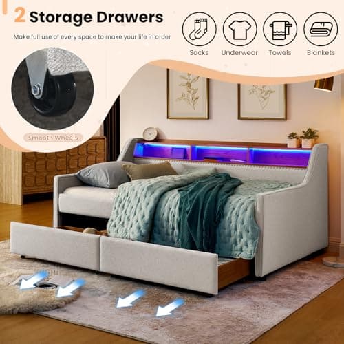 Antetek Beige Upholstered Linen Daybed with Storage & Wireless Charger