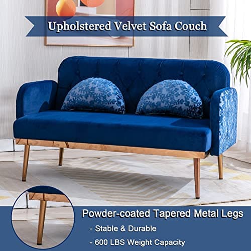 Elegant 55-inch Velvet Sofa with Moon Pillows, Navy Blue, 600 lbs Capacity