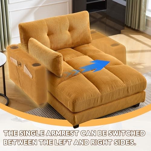 Antetek 44-inch Corduroy Tufted Chaise Lounge with USB Ports & Cup Holders, Yellow