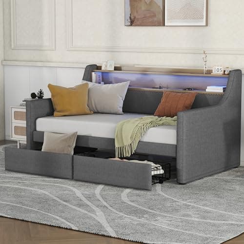 Linen Upholstered Twin Daybed with Storage and USB Port,Dark Grey