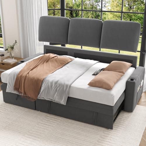 Keyluv 87" Reversible L-Shaped Sofa Bed with Storage & Charging Station, Dark Gray Velvet