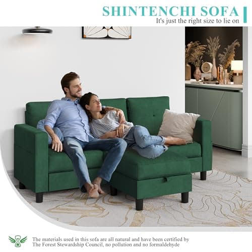 Shintenchi Green 3-Seater L-Shaped Sectional Sofa with Ottoman and Reversible Chaise