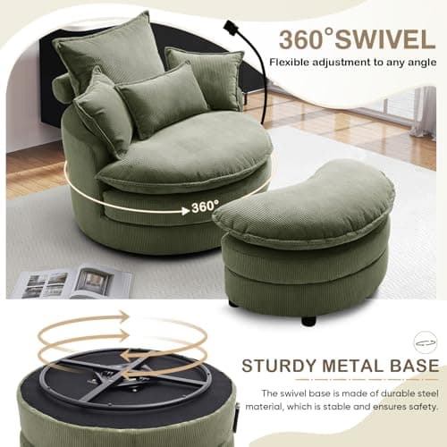 Modern Green Swivel Chair with Phone Holder & Storage Ottoman, Corduroy Upholstered