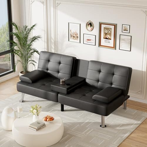 Furmax Adjustable Futon Couch Bed, PU Leather Black for Living Room