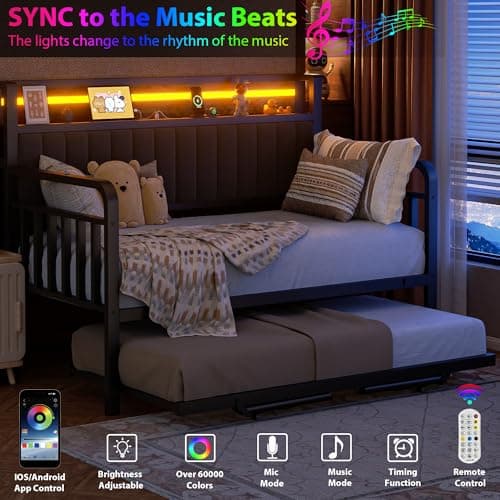 Heavy Duty Metal Twin Daybed with Trundle & LED Light (Brown)