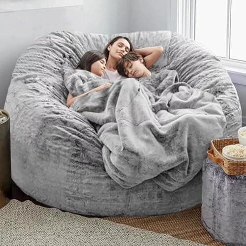 Oversize Light Grey Bean Bag Chair for Adults Kids, Round & Comfortable