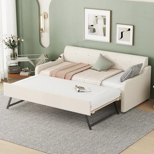 Beige Twin Size Daybed with Pop-up Trundle & Charging Station
