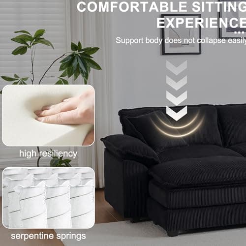 Modern Black L-Shaped Loveseat with Movable Ottoman