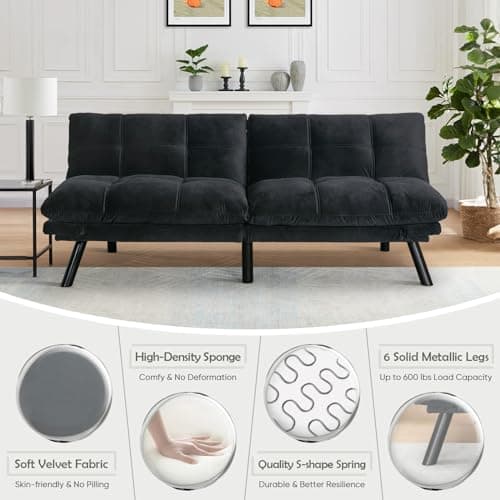 Thick Cushioned 72" L Velvet Futon Couch Bed, Deep Black Reclining Sofa