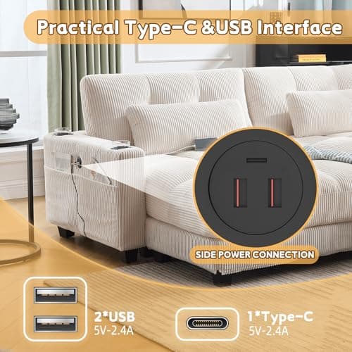 Beige 91-inch Modular Chaise Lounge Sleeper Sofa with USB Ports & Cup Holders