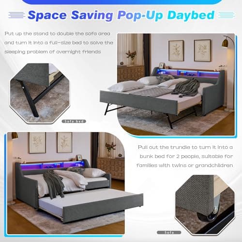 Twin Daybed with Pop Up Trundle & Wireless Charger - Dark Grey Sofa Bed for Bedroom & Living Room, No Box Spring Needed  
Upholstered Day Bed Frame with LED/USB/Type C/Storage Headboard - Dark Grey Twin to King Trundle Bed for Bedroom & Living Room,