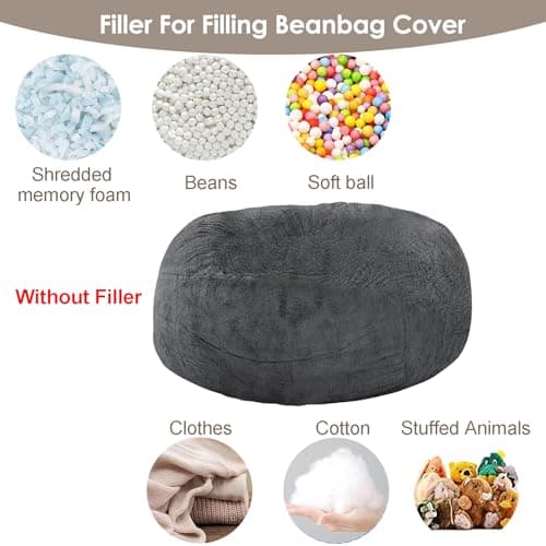 Black 7FT Adult Bean Bag Chair Cover, Stuffed Animal Storage, Comfortable for Bedroom Living Room
