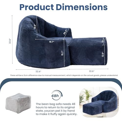 Oversized Plush Bean Bag Chair with Ottoman & Armrests, Cozy Reading Chair, Blue