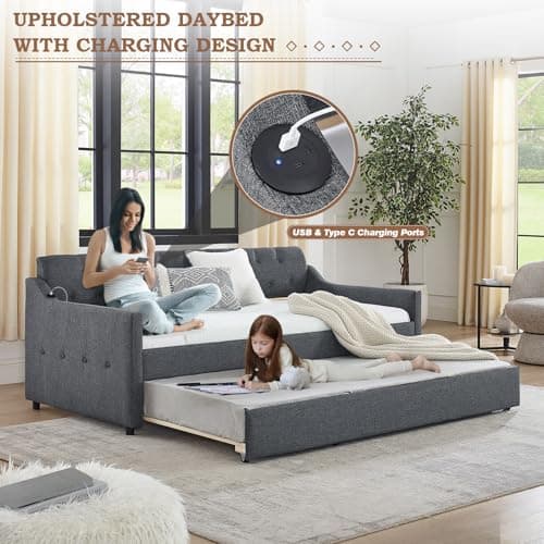 Dark Grey Linen Tufted Extendable Day Bed with Trundle & USB Ports