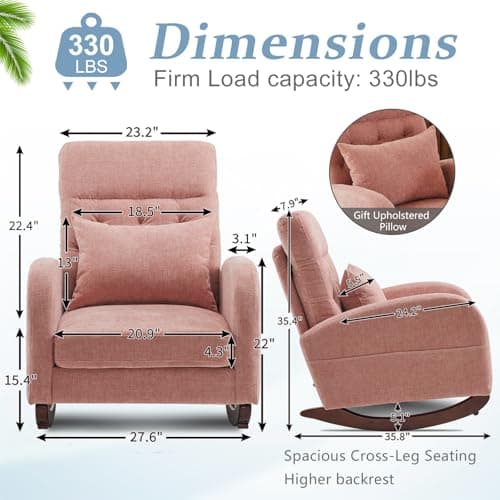 VINGLI Chenille Low Seat Rocking Chair, Pink with Side Pockets and High Backrest