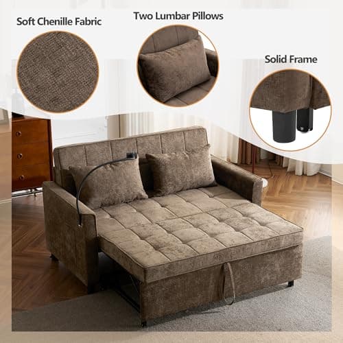 Merax 3-in-1 Convertible Couch with USB Ports, Brown | Sleeper Sofa Bed, Living Room Futon