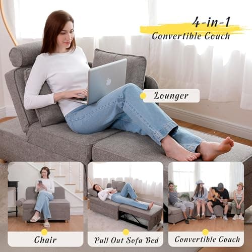 4-in-1 Sleeper Sofa Bed Linen Fabric Couch with 2 Throw Pillows & Single Recliner