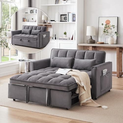 3-in-1 Velvet Sleeper Sofa Bed, Armrests, Storage & Pillows, Dark Grey