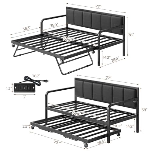 Rolanstar Height Adjustable Grey Daybed with USB Charging Station and LED for Living Room and Bedroom