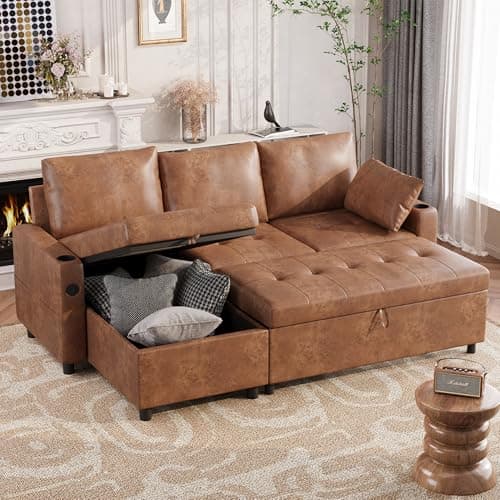 Brown L-Shaped Reversible Storage Sleeper Sofa with Pullout Bed