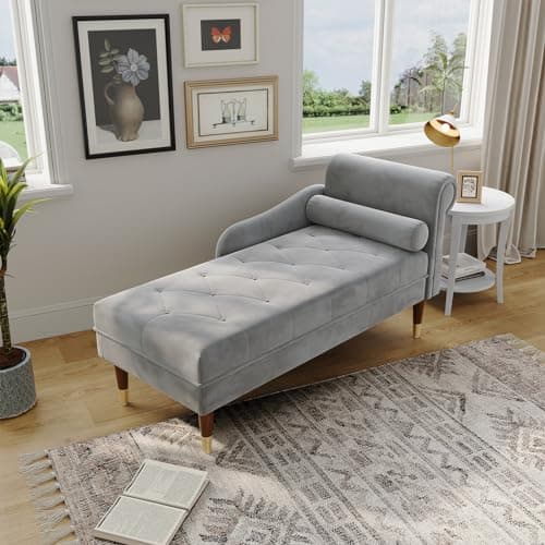 Vesgantti 59" Velvet Chaise Lounge, Right Armrest, Lumbar Pillow, Light Gray