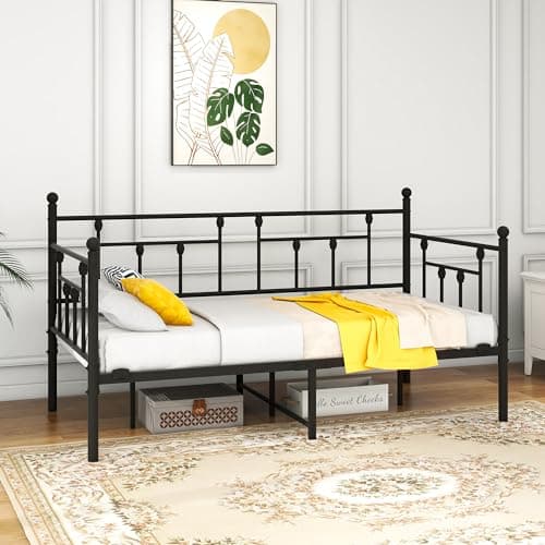Black Metal Daybed Frame with Steel Slats, Twin Size Mattress Base