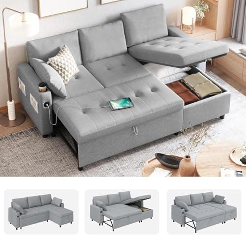 Brown L-Shaped Reversible Storage Sleeper Sofa with Pullout Bed