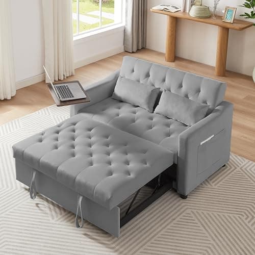 65" 3-in-1 Folding Sofa Bed, Chenille Fabric, 360° Swivel Table, Grey