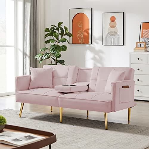 Antetek Convertible Futon Sofa Bed, 69-inch White Tufted Velvet Sleeper Couch