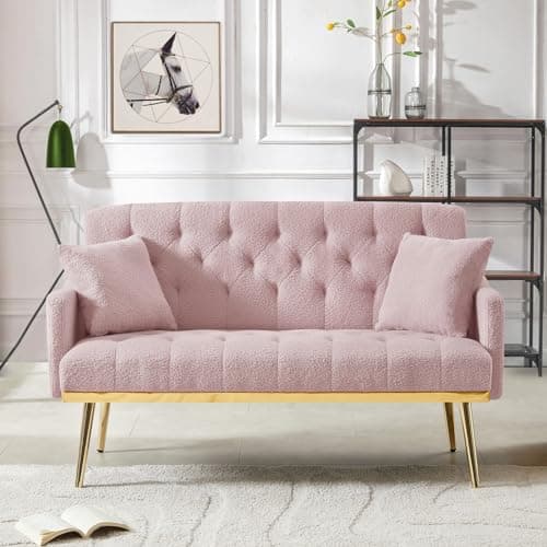 Modern Small Upholstered Loveseat Sofa with Side Pocket and Golden Metal Legs, Cream White Teddy