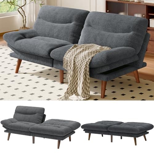 AMADA Vintage Adjustably Backrest Futon Sofa Bed, Grey Corduroy